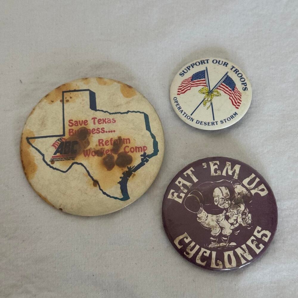 Vtg 1970-1990 Pinback Button Lot (3) Football Texas Military Support Our Troops